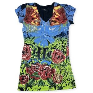 Vintage Ed Hardy by Christian Audigier Colorful Roses & Skull V-neck Dress Large